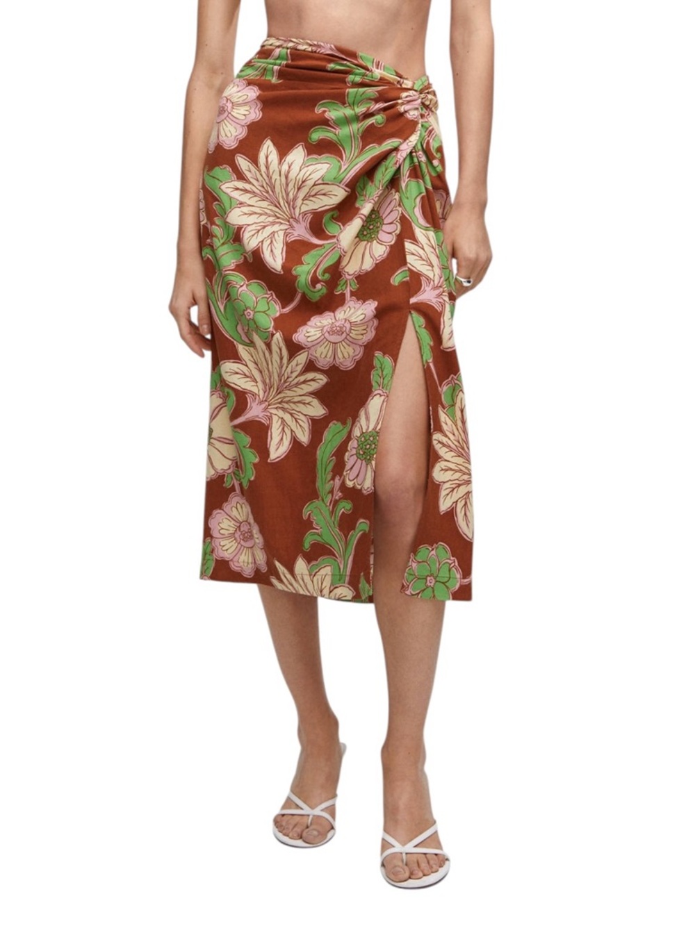Mango Coral Floral Midi Sarong Skirt with Mint and Pink Accents